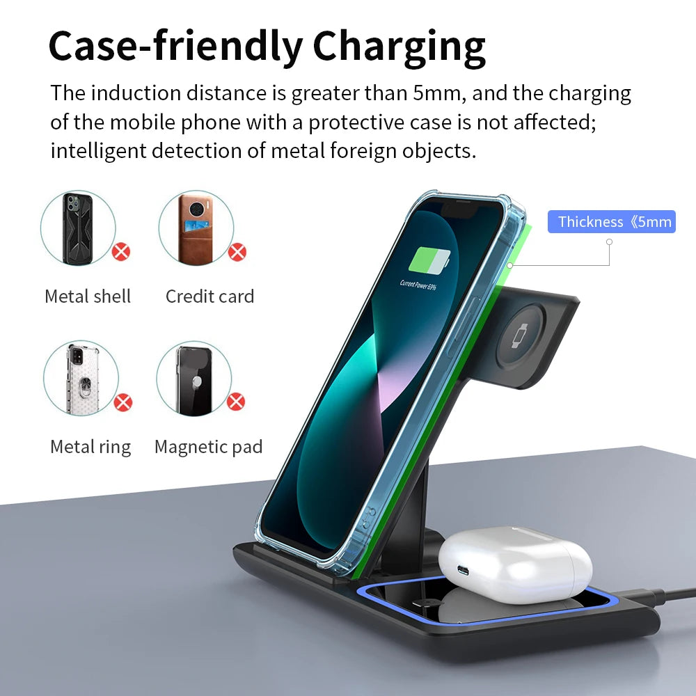 Chargeur sans fil 3-en-1 200W – Station de charge pliable iPhone, Apple Watch et AirPods